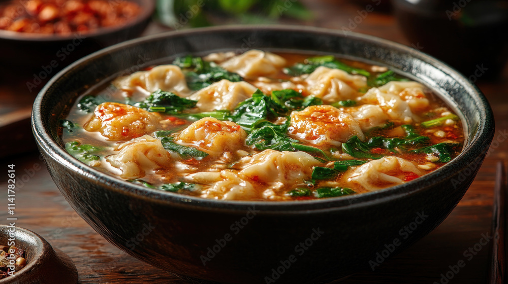 A steaming bowl of Chinese wonton soup with vibrant greens and dumplings A steaming bowl of Chinese wonton soup with vibrant greens and dumplings