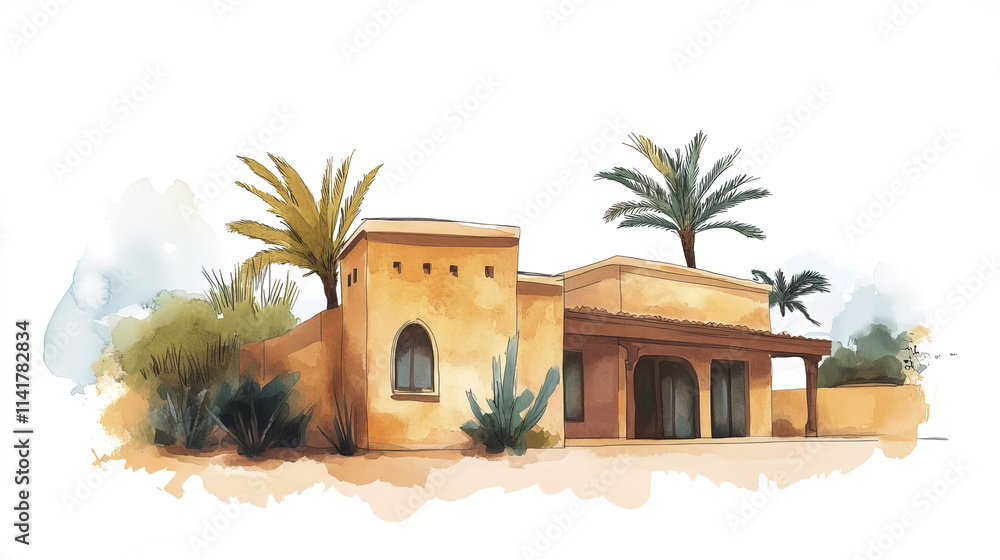 Fototapeta premium minimalist desert house with exotic design, surrounded by palm trees