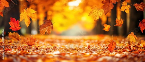 Beautiful autumn scene with leaves falling from trees. Banner