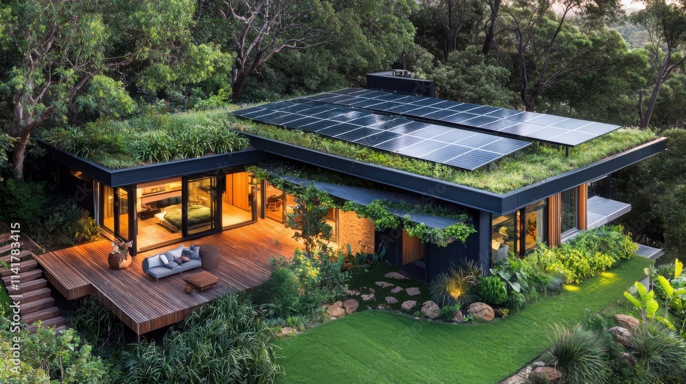 Eco-friendly home featuring solar panels and green roof in serene landscape modern architecture sustainable living Eco-friendly home featuring solar panels and green roof in serene landscape modern architecture sustainable living