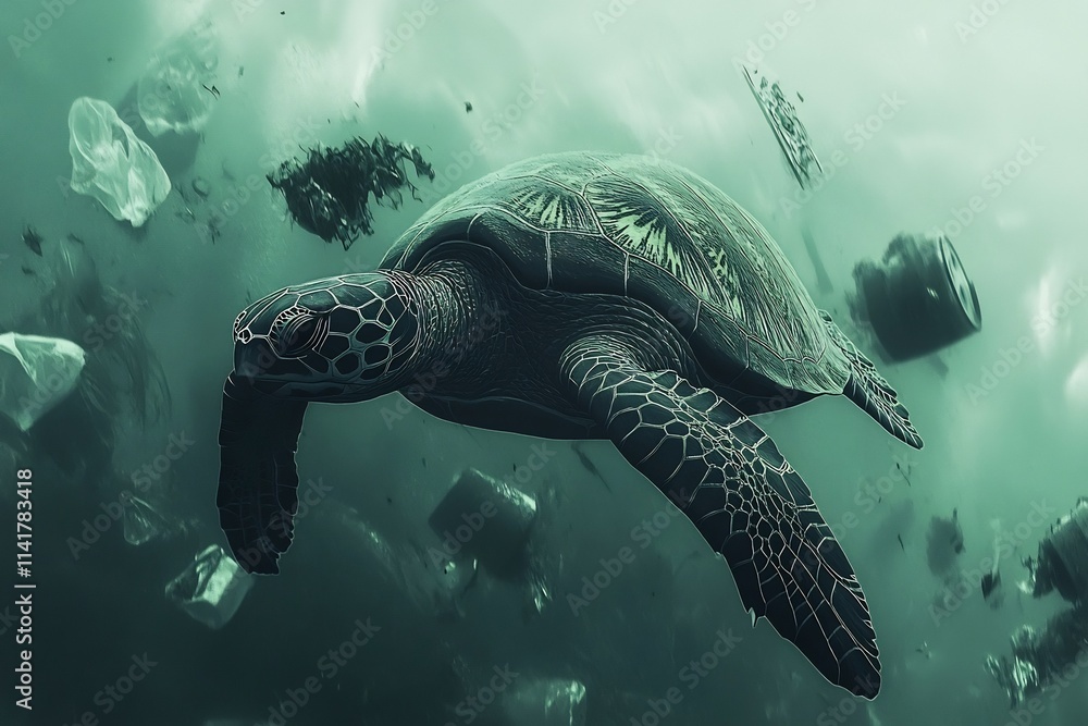 Fototapeta premium Green Sea Turtle Navigating Murky Ocean with Floating Plastic Waste
