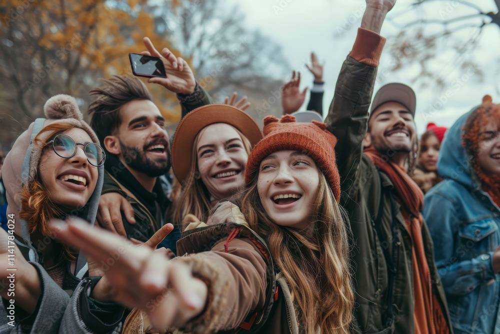Group of happy friends taking selfie with mobile phone in autumn park. Group of happy friends taking selfie with mobile phone in autumn park.