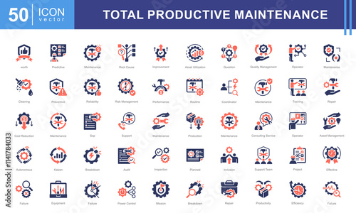 Total productive maintenance icon collection set. Containing equipment, break, reliability, time, inspection, efficiency, preventive icon.
