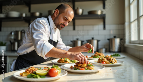 Mastering experimental cuisine in a vibrant kitchen space while plating unique dishes with precision and creativity