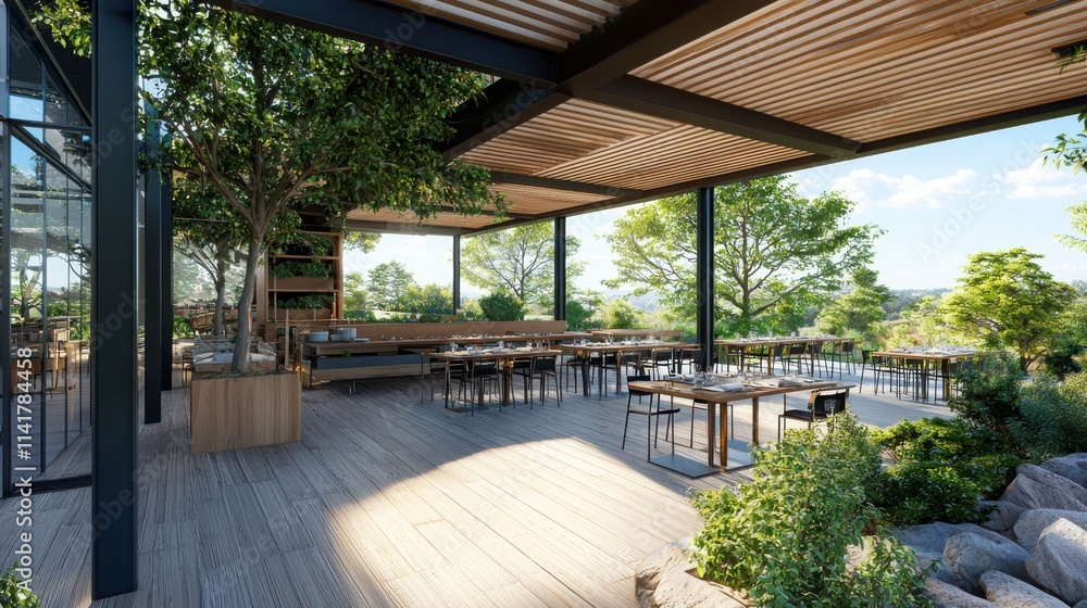 Elegant eco-friendly fine dining restaurant experience in a lush outdoor setting with sustainable design concepts Elegant eco-friendly fine dining restaurant experience in a lush outdoor setting with sustainable design concepts