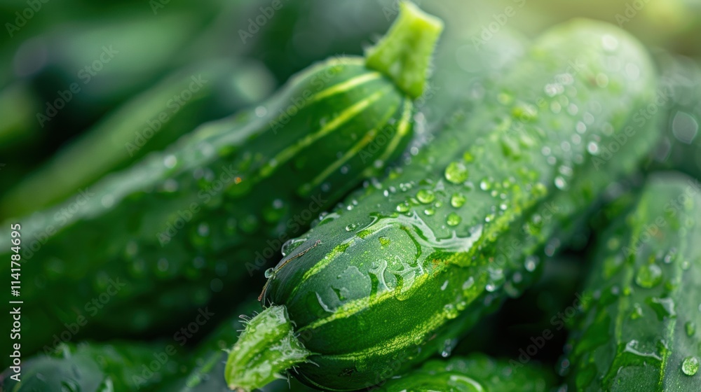 Fresh, green cucumbers covered in droplets of water, arranged closely together on a soft, blurred background. Fresh, green cucumbers covered in droplets of water, arranged closely together on a soft, blurred background.