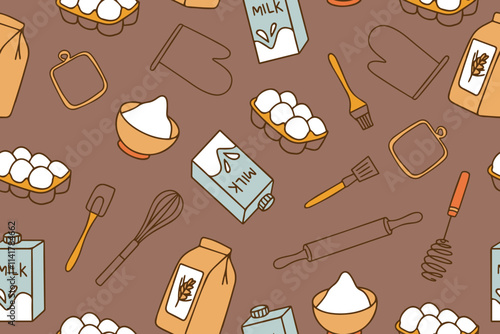 Colorful seamless pattern of baking accessories. Kitchen cooking utensils in doodle style. 2025 fashion color mocha mousse background. Vector illustration