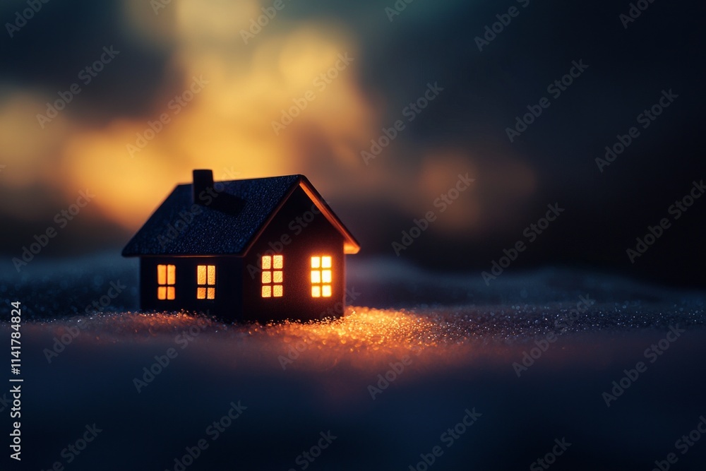 A small house on a winter landscape, illuminated by warm light from within, a dark sky with clouds, in a minimalistic paper-cut style A small house on a winter landscape, illuminated by warm light from within, a dark sky with clouds, in a minimalistic paper-cut style