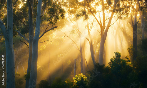 Golden hour tree light. Sunbeams stream through branches photo