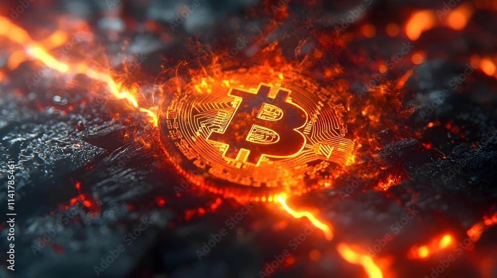 A close up of a Bitcoin symbol on a lava-like background