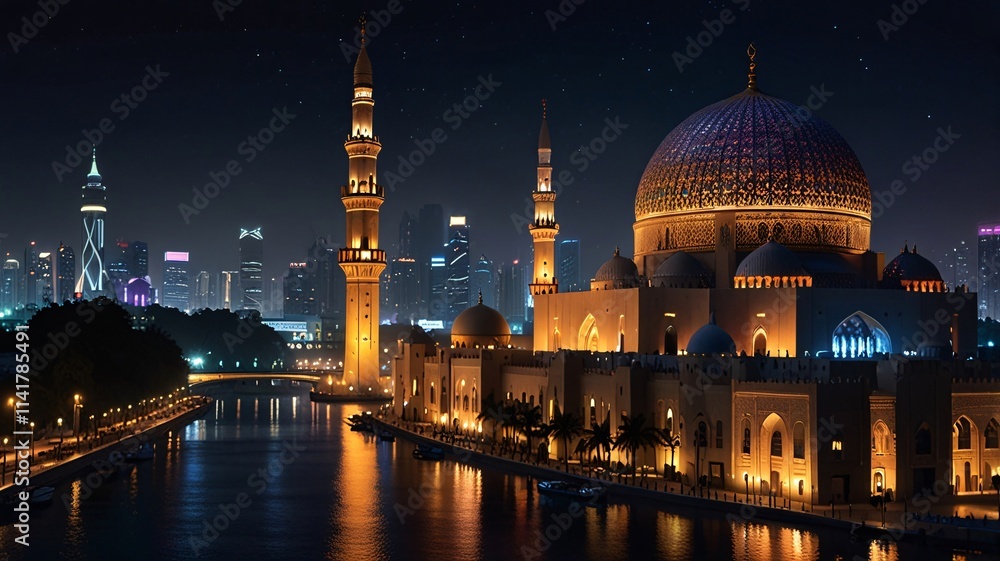 Fototapeta premium Grand Mosque at Night, Illuminated Beauty Amidst Urban Skyscrapers V5