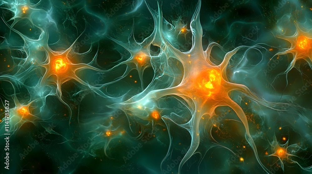 A bunch of glowing neurons are shown in a green and orange color scheme A bunch of glowing neurons are shown in a green and orange color scheme