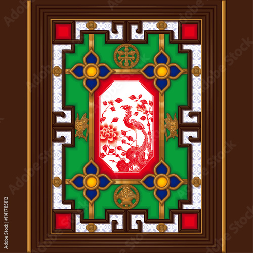 Nyonya Antique Colorful Glass Window With Phoenix And Peony Pattern