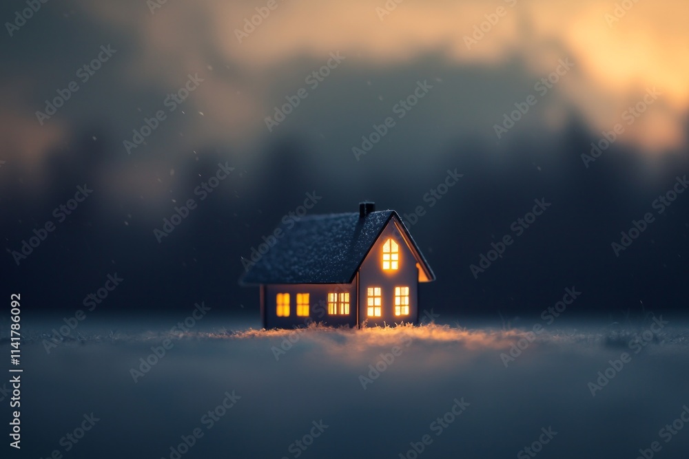A small house on a winter landscape, illuminated by warm light from within, a dark sky with clouds, in a minimalistic paper-cut style A small house on a winter landscape, illuminated by warm light from within, a dark sky with clouds, in a minimalistic paper-cut style