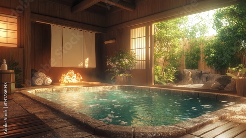 Wallpaper Mural Serene onsen bathhouse with natural light streaming in, showcasing wooden interior, hot water, and lush garden view. Torontodigital.ca