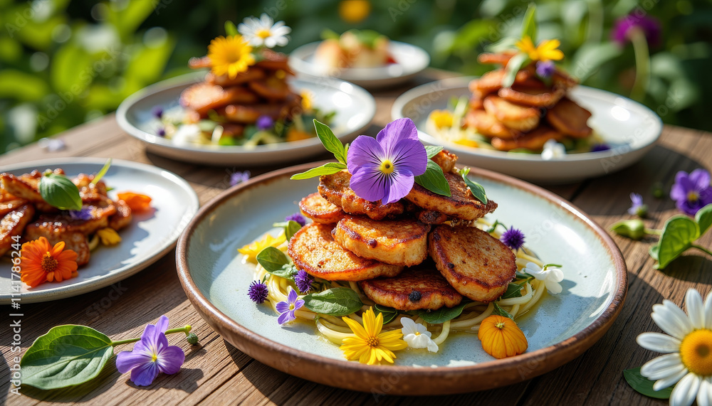 Exploring the artistry of experimental cuisine with vibrant floral presentations at a sunny garden gathering Exploring the artistry of experimental cuisine with vibrant floral presentations at a sunny garden gathering