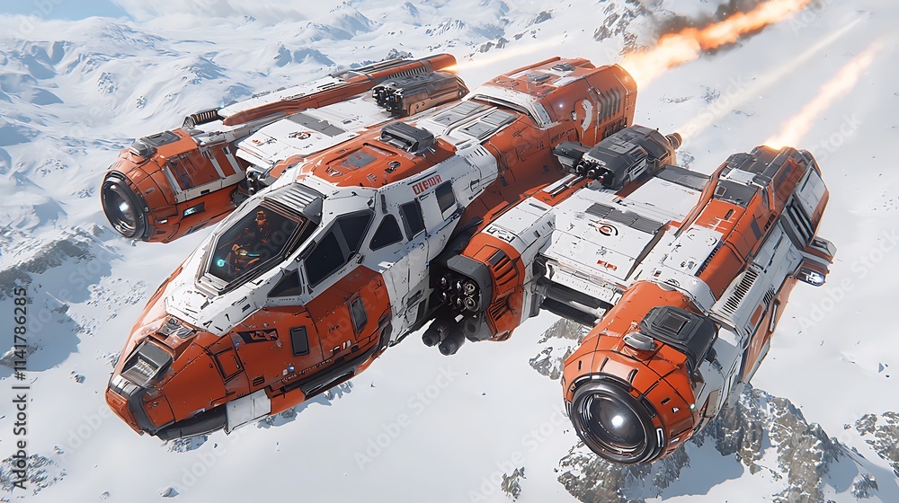 Orange and White Spaceship Flying Over Snowy Mountains Orange and White Spaceship Flying Over Snowy Mountains