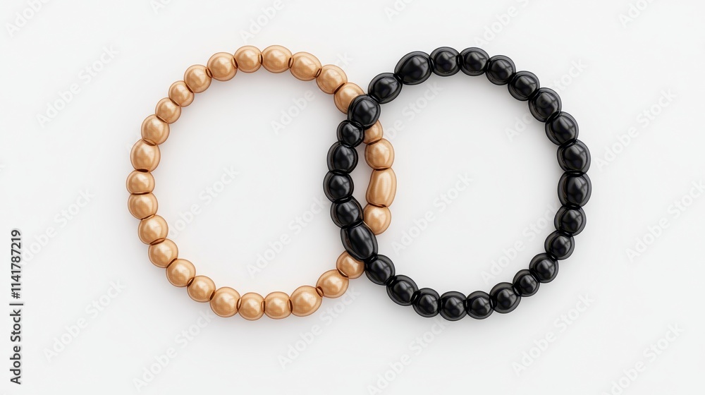 Two beaded bracelets, one in light wood and the other in black, arranged in a circular formation on a white background. Two beaded bracelets, one in light wood and the other in black, arranged in a circular formation on a white background.