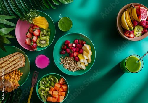 Create a vibrant and colorful dining table filled with a variety of healthy foods, including fresh fruits, vegetables, grains, legumes, smoothies, sandwiches and refreshing drinks in pink glasses,  photo