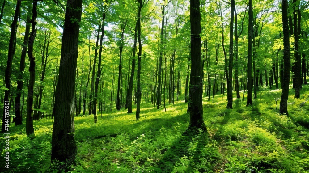 Lush green forest with tall trees casting shadows on the vibrant undergrowth, illuminated by soft sunlight filtering through the leaves. Lush green forest with tall trees casting shadows on the vibrant undergrowth, illuminated by soft sunlight filtering through the leaves.