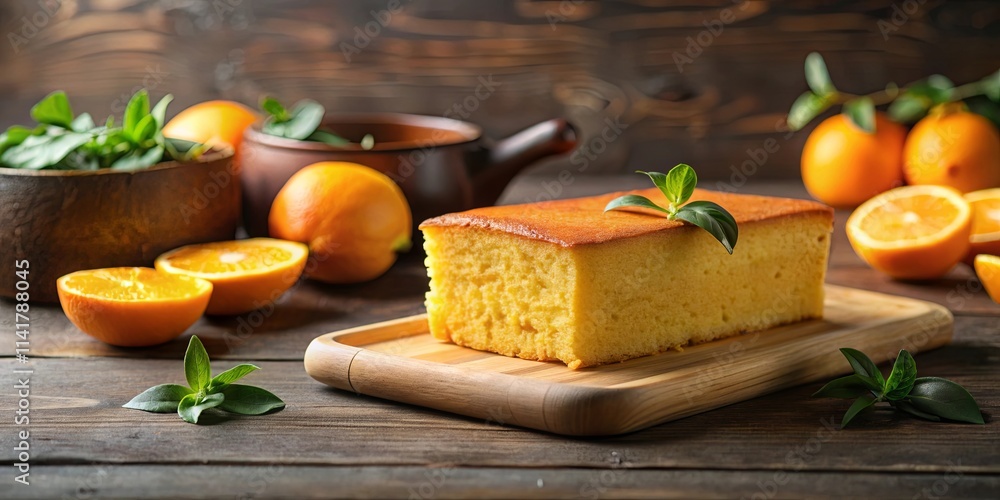 A delicious slice of citrus loaf cake rests on a wooden board, surrounded by fresh oranges and vibrant green leaves. A delicious slice of citrus loaf cake rests on a wooden board, surrounded by fresh oranges and vibrant green leaves.