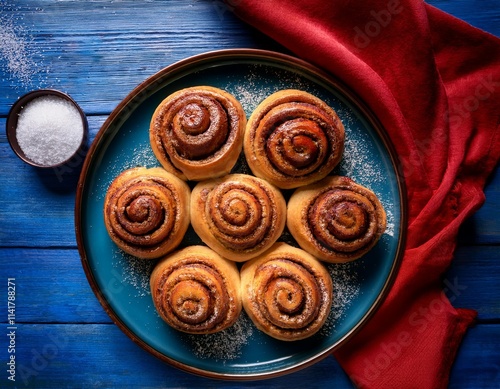 A top view of a platter of cinnamon rolls with sugar on the side, placed on an old blue table top with a red cloth in the background. Editorial style food photography, high resolution.