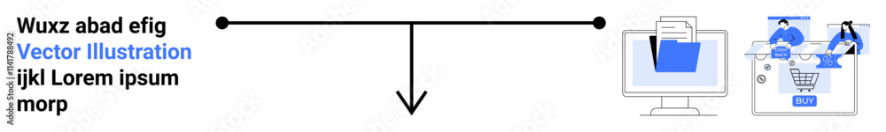 Arrow points to a computer with folder and document, and another computer with individuals and shopping cart. Ideal for business, technology, communication, e-commerce, teamwork, digital platforms Arrow points to a computer with folder and document, and another computer with individuals and shopping cart. Ideal for business, technology, communication, e-commerce, teamwork, digital platforms