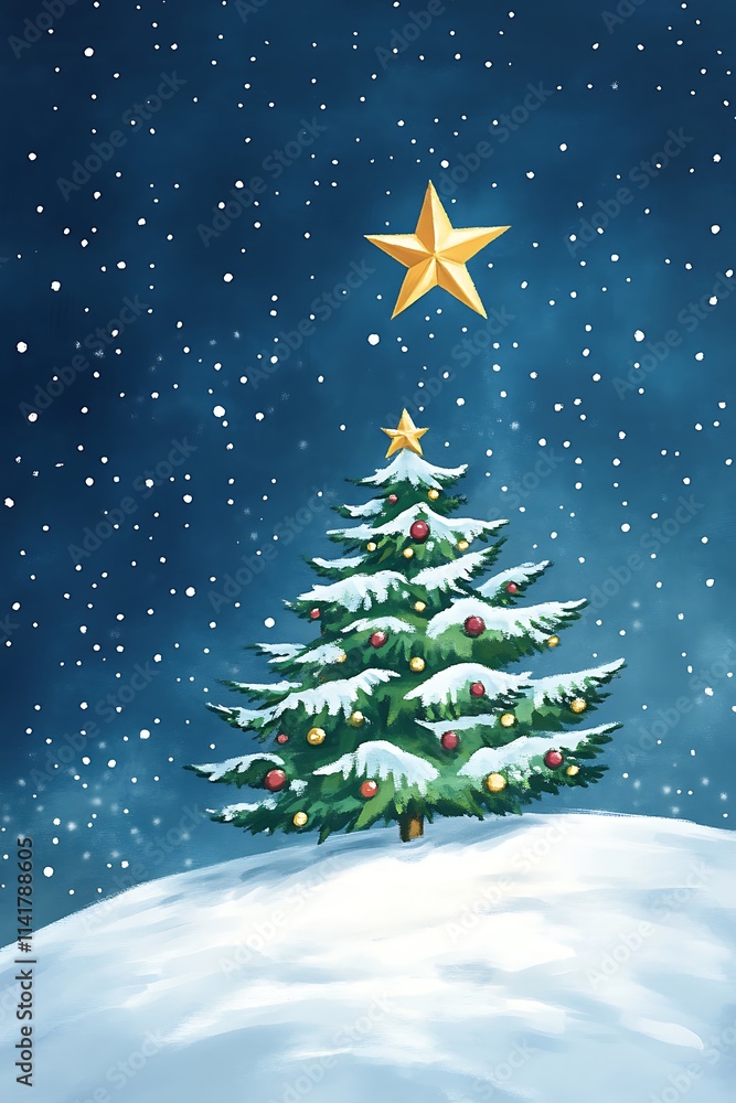 Snow-covered Hill With Christmas Tree And Golden Star Snow-covered Hill With Christmas Tree And Golden Star