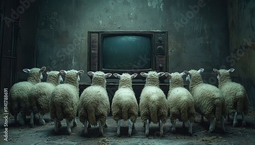 A group of sheep watching television, the rear view of each one visible in front of an old television set