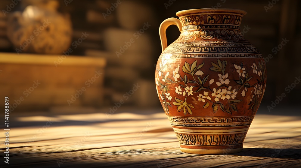 Artfully designed Greek amphora with delicate floral patterns, showcasing the intricate craftsmanship of ancient Greece Artfully designed Greek amphora with delicate floral patterns, showcasing the intricate craftsmanship of ancient Greece