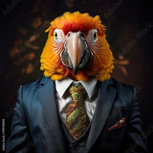 the AI Image Generator, Parrot Combining Business Attire with Vibrant Creativity photo