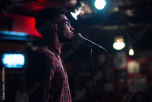 Passionate Spoken Word Poet Performing Alone on Intimate Stage with Microphone photo