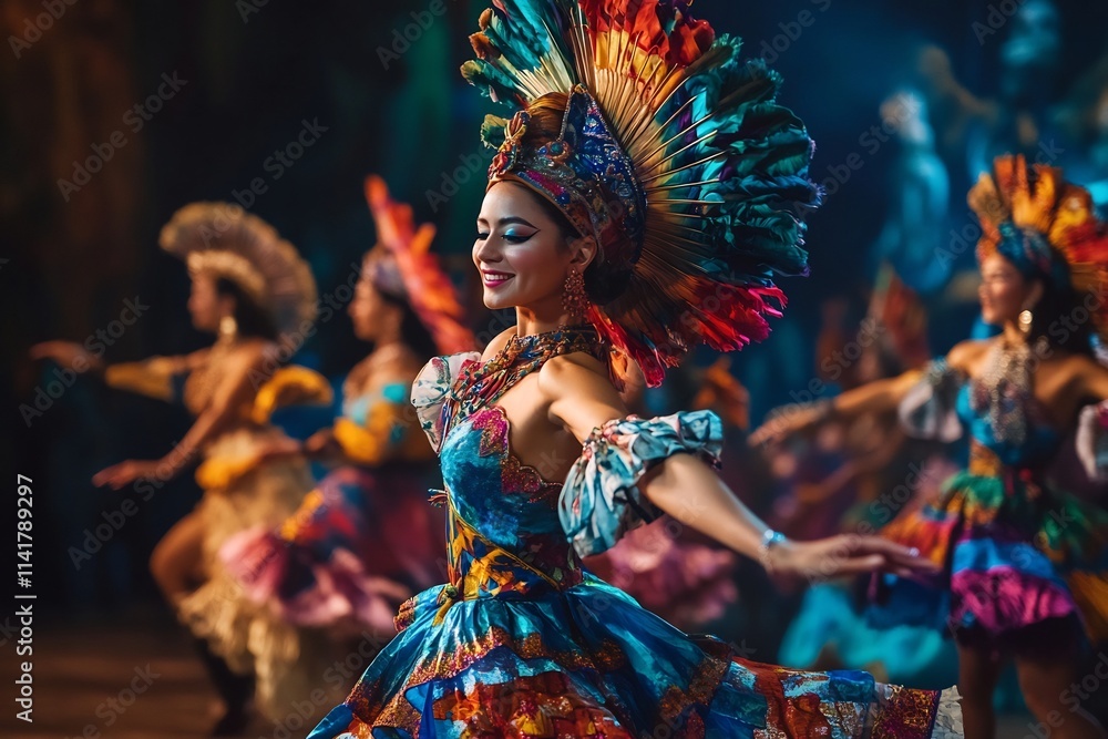 Traditional Cultural Dance Group Performing in Intricate Vibrant Costumes with Lighting Enhancing Traditional Cultural Dance Group Performing in Intricate Vibrant Costumes with Lighting Enhancing