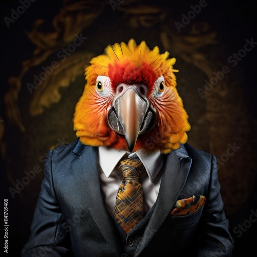 the AI Image Generator, Parrot Combining Business Attire with Vibrant Creativity photo