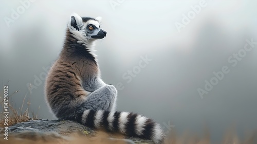 A striped lemur sits on a rock, looking off into the distance