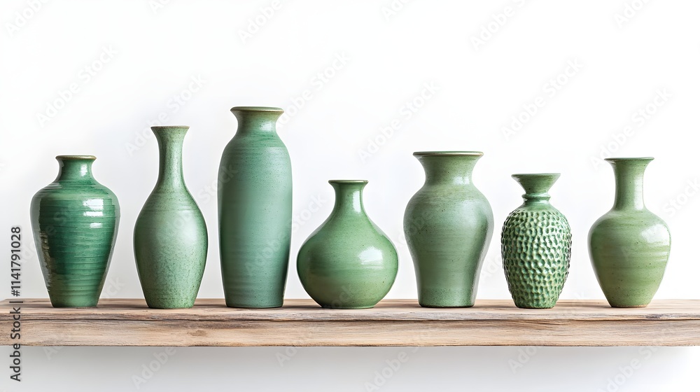Assorted green clay vases in various shapes placed on a wooden shelf against a white background, showcasing vibrant decor elements Assorted green clay vases in various shapes placed on a wooden shelf against a white background, showcasing vibrant decor elements
