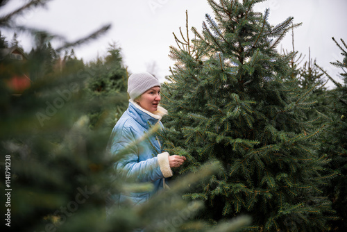 Woman selecting Christmas trees on a farm during winter photo