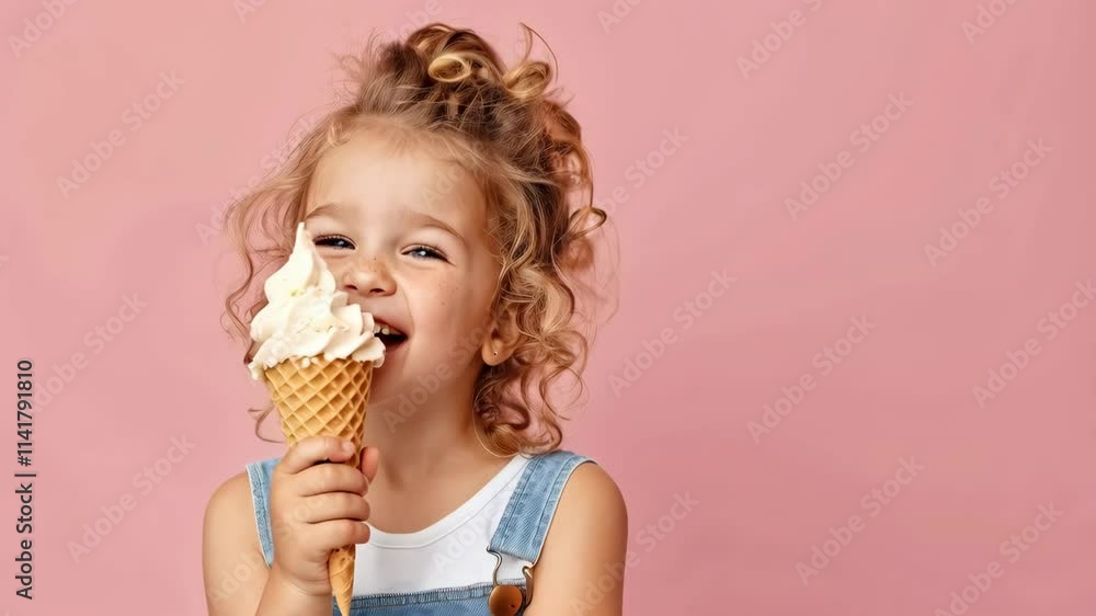 Cute little girl eating ice cream in waffle cone on pink background
