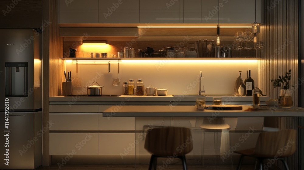 A compact kitchen with smart storage, bright ambient lighting, under-cabinet task lights, and glowing accent lights for a warm, inviting evening. A compact kitchen with smart storage, bright ambient lighting, under-cabinet task lights, and glowing accent lights for a warm, inviting evening.