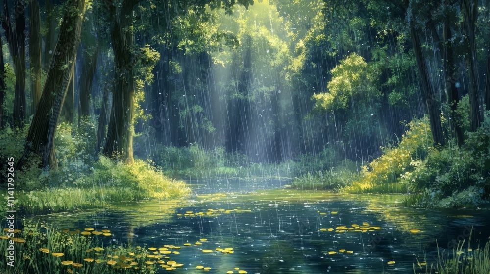 Sunbeams pierce through rain in a lush forest, illuminating a tranquil stream. Sunbeams pierce through rain in a lush forest, illuminating a tranquil stream.