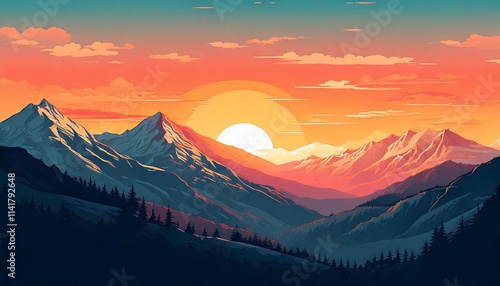 European mountain from side view at sun set flat art design illustration for postcard