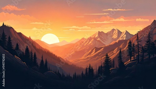 European mountain from side view at sun rise flat art design illustration for postcard