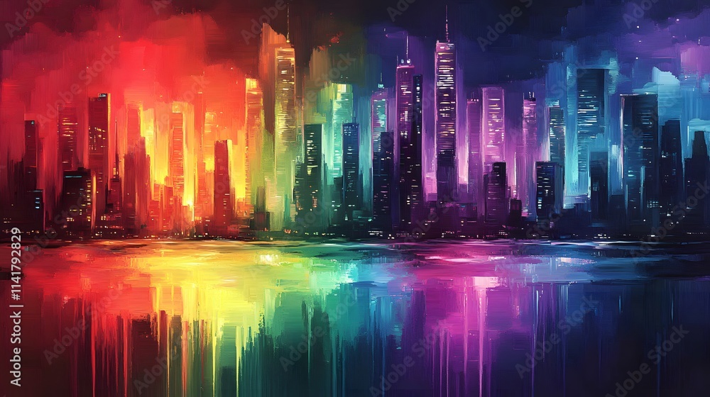 Abstract oil painting background with rainbow colors, a cityscape with a rainbow Abstract oil painting background with rainbow colors, a cityscape with a rainbow