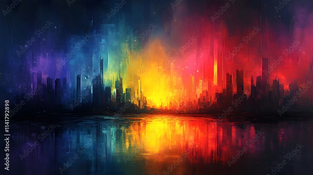 Abstract oil painting background with rainbow colors, a cityscape with a rainbow Abstract oil painting background with rainbow colors, a cityscape with a rainbow