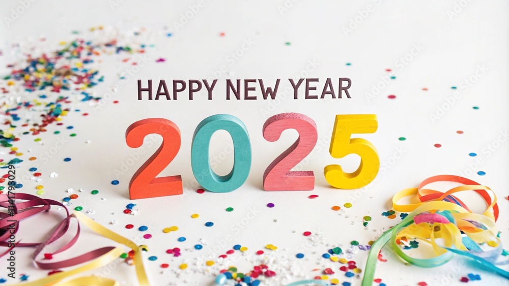 Happy New Year 2025 text in a creative design, perfect for festive greetings, celebration cards, banners, posters, social media, and New Year promotions. Vibrant and eye-catching for all occasions. Happy New Year 2025 text in a creative design, perfect for festive greetings, celebration cards, banners, posters, social media, and New Year promotions. Vibrant and eye-catching for all occasions.