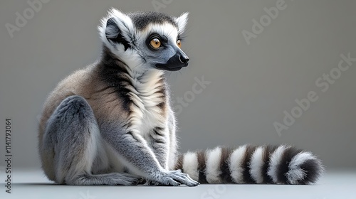 A lemur is sitting on the ground with its tail curled up