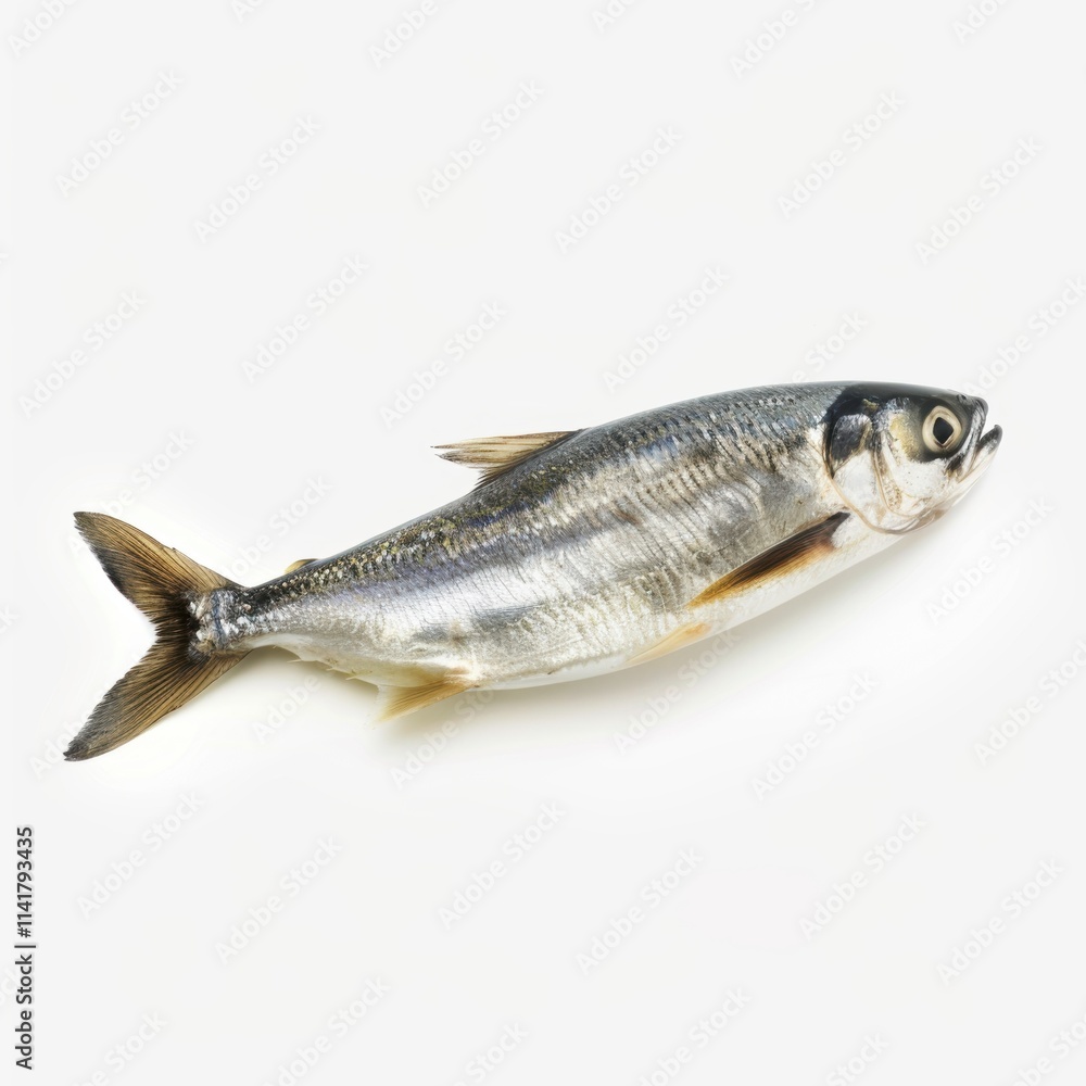 A fresh, silver fish with a streamlined body and distinct eye, resting on a neutral background. Ideal for culinary use. A fresh, silver fish with a streamlined body and distinct eye, resting on a neutral background. Ideal for culinary use.