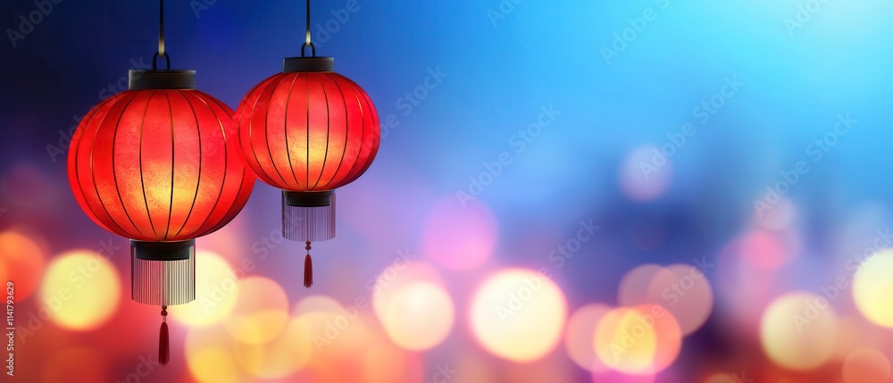 Chinese New Year concept. Two vibrant red lanterns hang against a blurred, colorful background, evoking a festive and celebratory atmosphere. Chinese New Year concept. Two vibrant red lanterns hang against a blurred, colorful background, evoking a festive and celebratory atmosphere.