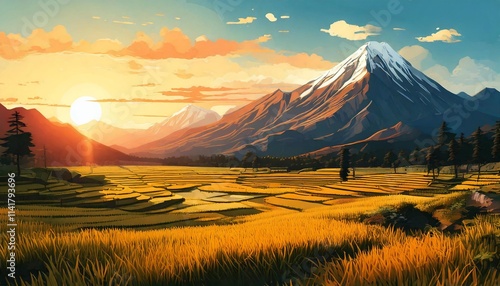 sunrise in mountains  from side view at the day flat art design with simple illustration photo