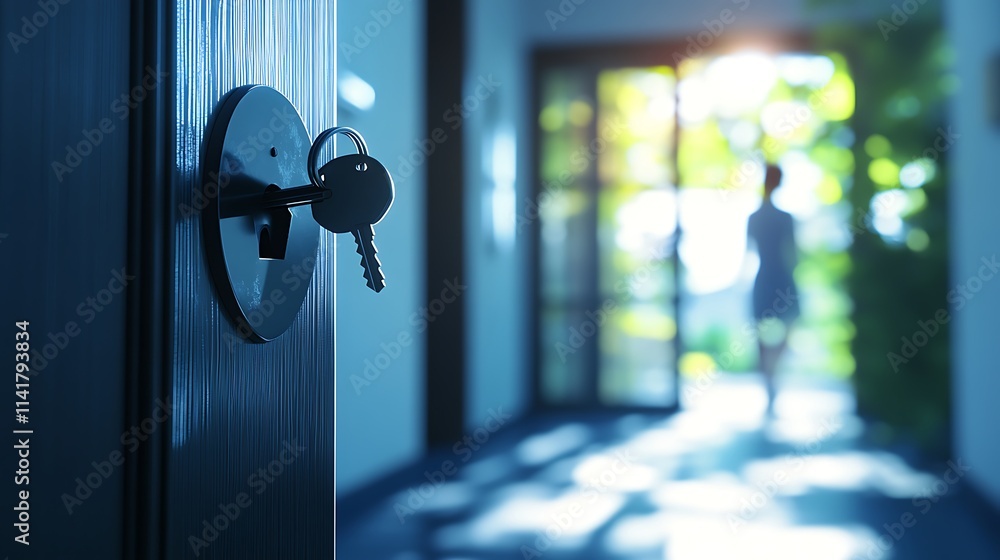 Keys in door lock, woman walking away. Keys in door lock, woman walking away.